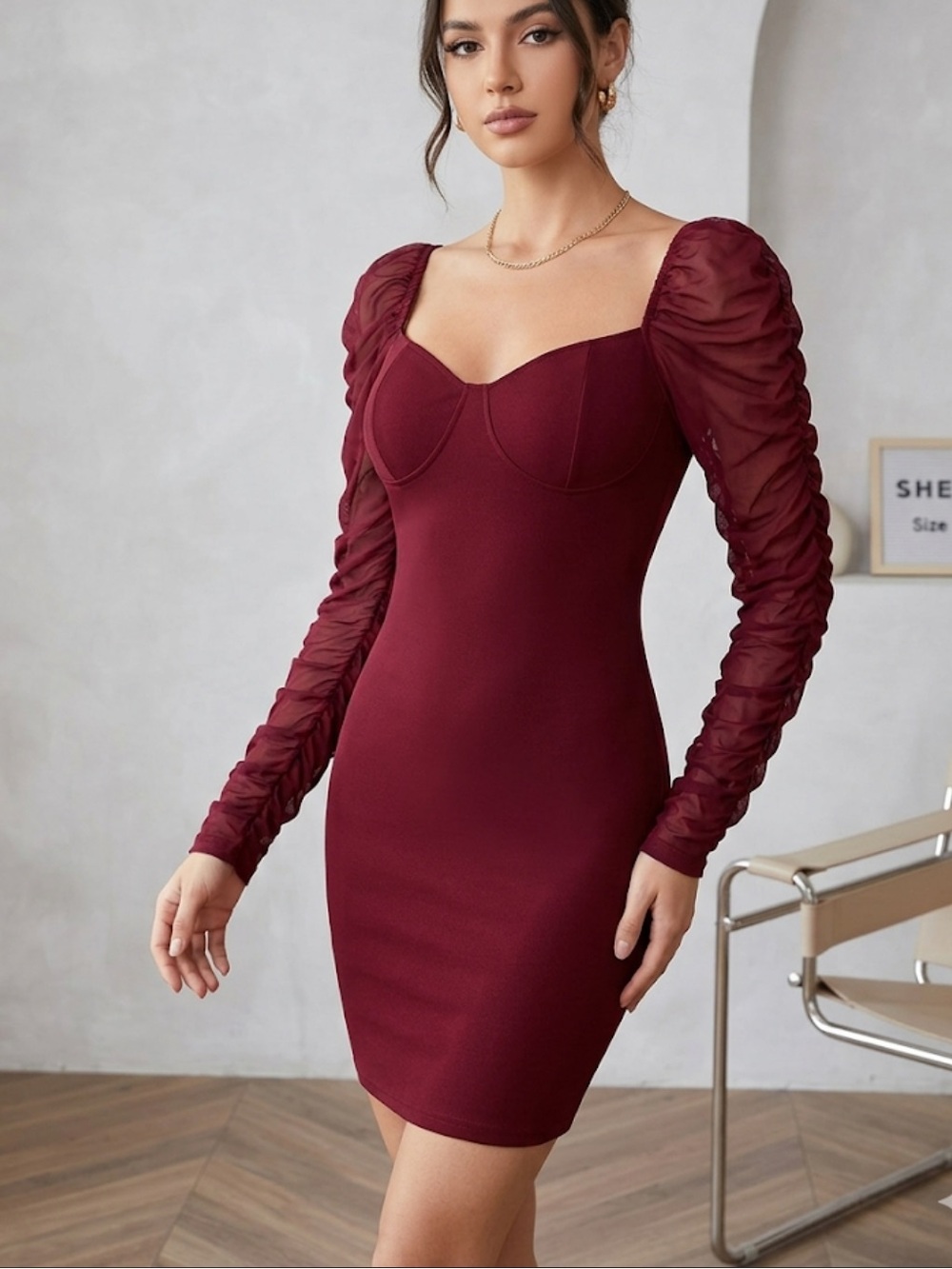 SHEIN Burgundy Ruched Mesh Sleeve Sweetheart Mini Dress